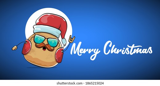 vector rock star Santa potato funny cartoon cute character with red Santa hat and calligraphic merry Christmas text isolated on blue horizontal background. rock n roll Christmas party banner
