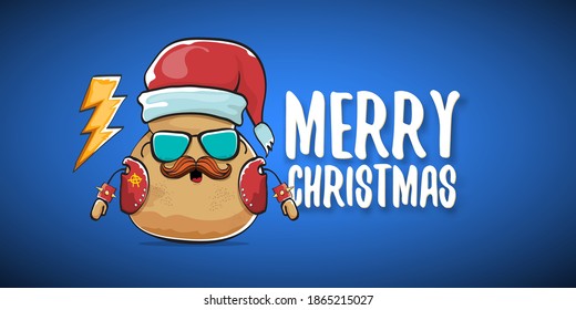 vector rock star Santa potato funny cartoon cute character with red Santa hat and calligraphic merry Christmas text isolated on blue horizontal background. rock n roll Christmas party banner