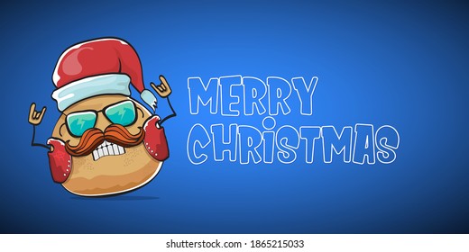 vector rock star Santa potato funny cartoon cute character with red Santa hat and calligraphic merry Christmas text isolated on blue horizontal background. rock n roll Christmas party banner