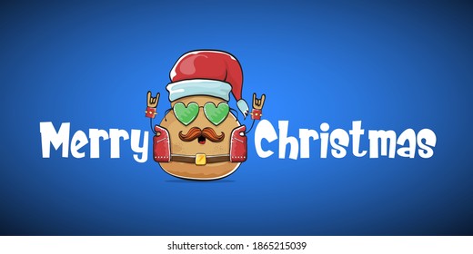 vector rock star Santa potato funny cartoon cute character with red Santa hat and calligraphic merry Christmas text isolated on blue horizontal background. rock n roll Christmas party banner