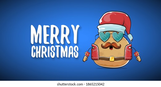 vector rock star Santa potato funny cartoon cute character with red Santa hat and calligraphic merry Christmas text isolated on blue horizontal background. rock n roll Christmas party banner