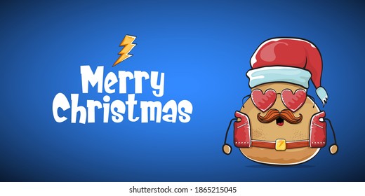 vector rock star Santa potato funny cartoon cute character with red Santa hat and calligraphic merry Christmas text isolated on blue horizontal background. rock n roll Christmas party banner