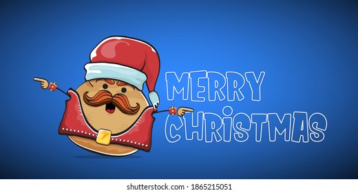 vector rock star Santa potato funny cartoon cute character with red Santa hat and calligraphic merry Christmas text isolated on blue horizontal background. rock n roll Christmas party banner
