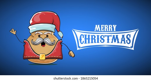 vector rock star Santa potato funny cartoon cute character with red Santa hat and calligraphic merry Christmas text isolated on blue horizontal background. rock n roll Christmas party banner