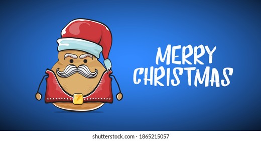 vector rock star Santa potato funny cartoon cute character with red Santa hat and calligraphic merry Christmas text isolated on blue horizontal background. rock n roll Christmas party banner