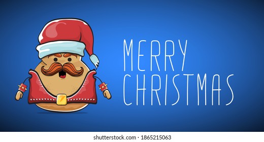 vector rock star Santa potato funny cartoon cute character with red Santa hat and calligraphic merry Christmas text isolated on blue horizontal background. rock n roll Christmas party banner