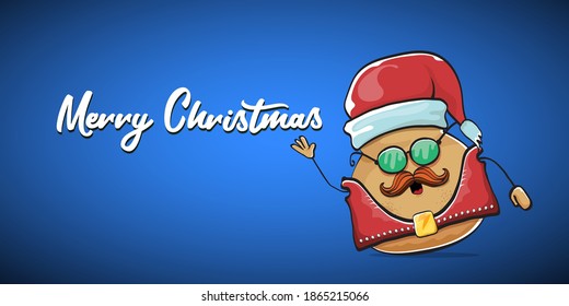 vector rock star Santa potato funny cartoon cute character with red Santa hat and calligraphic merry Christmas text isolated on blue horizontal background. rock n roll Christmas party banner