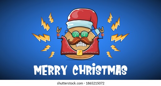 vector rock star Santa potato funny cartoon cute character with red Santa hat and calligraphic merry Christmas text isolated on blue horizontal background. rock n roll Christmas party banner