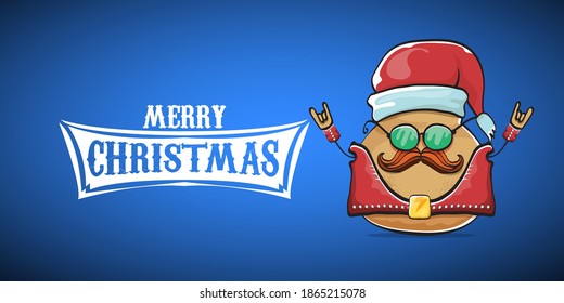 vector rock star Santa potato funny cartoon cute character with red Santa hat and calligraphic merry Christmas text isolated on blue horizontal background. rock n roll Christmas party banner