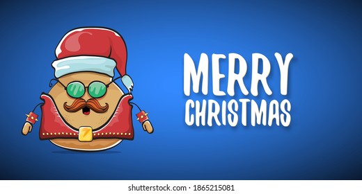 vector rock star Santa potato funny cartoon cute character with red Santa hat and calligraphic merry Christmas text isolated on blue horizontal background. rock n roll Christmas party banner