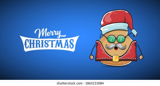 vector rock star Santa potato funny cartoon cute character with red Santa hat and calligraphic merry Christmas text isolated on blue horizontal background. rock n roll Christmas party banner