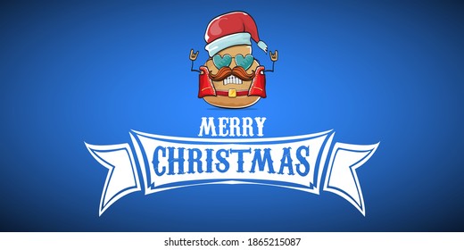 vector rock star Santa potato funny cartoon cute character with red Santa hat and calligraphic merry Christmas text isolated on blue horizontal background. rock n roll Christmas party banner