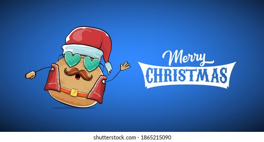 vector rock star Santa potato funny cartoon cute character with red Santa hat and calligraphic merry Christmas text isolated on blue horizontal background. rock n roll Christmas party banner