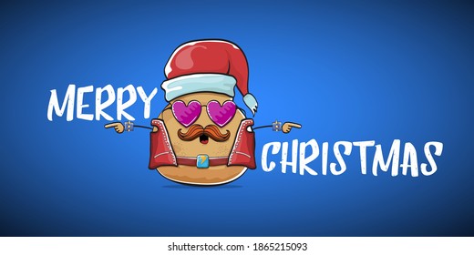 vector rock star Santa potato funny cartoon cute character with red Santa hat and calligraphic merry Christmas text isolated on blue horizontal background. rock n roll Christmas party banner