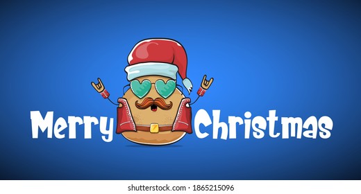 vector rock star Santa potato funny cartoon cute character with red Santa hat and calligraphic merry Christmas text isolated on blue horizontal background. rock n roll Christmas party banner