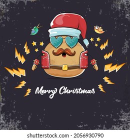 vector rock star santa potato funny cartoon cute character with with red santa hat and calligraphic christmas text isolated on isolated on grey  background. rock n roll christmas party poster