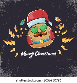 vector rock star santa potato funny cartoon cute character with with red santa hat and calligraphic christmas text isolated on isolated on grey  background. rock n roll christmas party poster