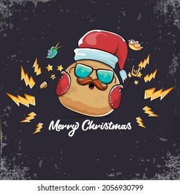 vector rock star santa potato funny cartoon cute character with with red santa hat and calligraphic christmas text isolated on isolated on grey  background. rock n roll christmas party poster