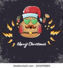 vector rock star santa potato funny cartoon cute character with with red santa hat and calligraphic christmas text isolated on isolated on grey  background. rock n roll christmas party poster