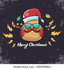 vector rock star santa potato funny cartoon cute character with with red santa hat and calligraphic christmas text isolated on isolated on grey  background. rock n roll christmas party poster