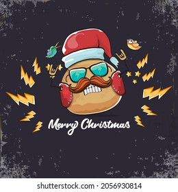 vector rock star santa potato funny cartoon cute character with with red santa hat and calligraphic christmas text isolated on isolated on grey  background. rock n roll christmas party poster