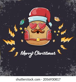 vector rock star santa potato funny cartoon cute character with with red santa hat and calligraphic christmas text isolated on isolated on grey  background. rock n roll christmas party poster