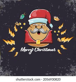 vector rock star santa potato funny cartoon cute character with with red santa hat and calligraphic christmas text isolated on isolated on grey  background. rock n roll christmas party poster