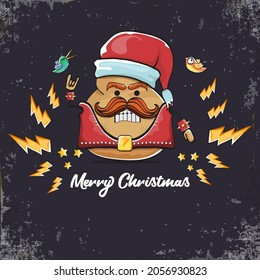 vector rock star santa potato funny cartoon cute character with with red santa hat and calligraphic christmas text isolated on isolated on grey  background. rock n roll christmas party poster