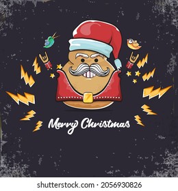 vector rock star santa potato funny cartoon cute character with with red santa hat and calligraphic christmas text isolated on isolated on grey  background. rock n roll christmas party poster