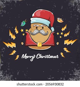 vector rock star santa potato funny cartoon cute character with with red santa hat and calligraphic christmas text isolated on isolated on grey  background. rock n roll christmas party poster