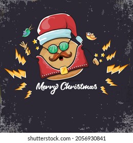 vector rock star santa potato funny cartoon cute character with with red santa hat and calligraphic christmas text isolated on isolated on grey  background. rock n roll christmas party poster
