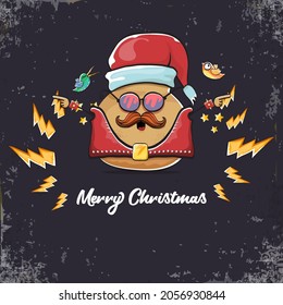 vector rock star santa potato funny cartoon cute character with with red santa hat and calligraphic christmas text isolated on isolated on grey  background. rock n roll christmas party poster