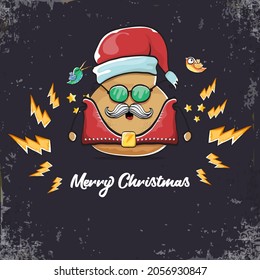 vector rock star santa potato funny cartoon cute character with with red santa hat and calligraphic christmas text isolated on isolated on grey  background. rock n roll christmas party poster