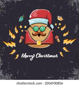 vector rock star santa potato funny cartoon cute character with with red santa hat and calligraphic christmas text isolated on isolated on grey  background. rock n roll christmas party poster
