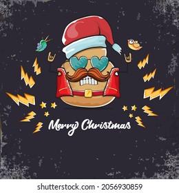 vector rock star santa potato funny cartoon cute character with with red santa hat and calligraphic christmas text isolated on isolated on grey  background. rock n roll christmas party poster