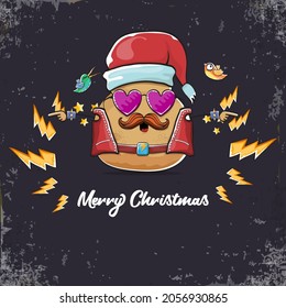 vector rock star santa potato funny cartoon cute character with with red santa hat and calligraphic christmas text isolated on isolated on grey  background. rock n roll christmas party poster