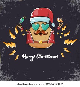 vector rock star santa potato funny cartoon cute character with with red santa hat and calligraphic christmas text isolated on isolated on grey  background. rock n roll christmas party poster