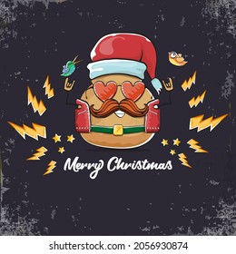 vector rock star santa potato funny cartoon cute character with with red santa hat and calligraphic christmas text isolated on isolated on grey  background. rock n roll christmas party poster