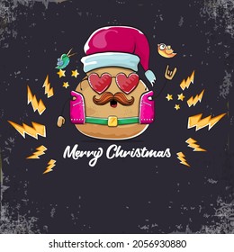 vector rock star santa potato funny cartoon cute character with with red santa hat and calligraphic christmas text isolated on isolated on grey  background. rock n roll christmas party poster