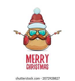 vector rock star Santa potato funny cartoon cute character with red Santa hat and calligraphic merry Christmas text isolated on white background. rock n roll Christmas party poster