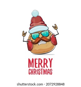vector rock star Santa potato funny cartoon cute character with red Santa hat and calligraphic merry Christmas text isolated on white background. rock n roll Christmas party poster