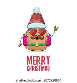 vector rock star Santa potato funny cartoon cute character with red Santa hat and calligraphic merry Christmas text isolated on white background. rock n roll Christmas party poster