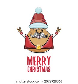 vector rock star Santa potato funny cartoon cute character with red Santa hat and calligraphic merry Christmas text isolated on white background. rock n roll Christmas party poster