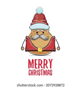 vector rock star Santa potato funny cartoon cute character with red Santa hat and calligraphic merry Christmas text isolated on white background. rock n roll Christmas party poster