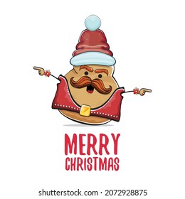 vector rock star Santa potato funny cartoon cute character with red Santa hat and calligraphic merry Christmas text isolated on white background. rock n roll Christmas party poster