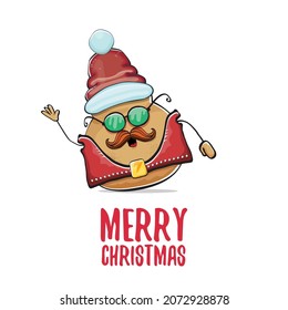 vector rock star Santa potato funny cartoon cute character with red Santa hat and calligraphic merry Christmas text isolated on white background. rock n roll Christmas party poster