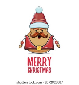 vector rock star Santa potato funny cartoon cute character with red Santa hat and calligraphic merry Christmas text isolated on white background. rock n roll Christmas party poster