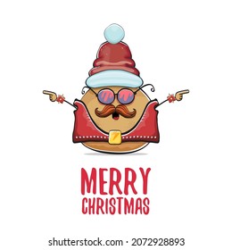 vector rock star Santa potato funny cartoon cute character with red Santa hat and calligraphic merry Christmas text isolated on white background. rock n roll Christmas party poster