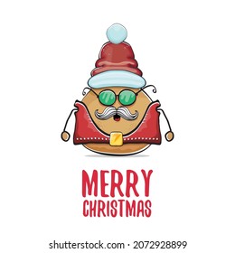 vector rock star Santa potato funny cartoon cute character with red Santa hat and calligraphic merry Christmas text isolated on white background. rock n roll Christmas party poster
