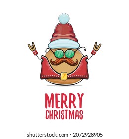 vector rock star Santa potato funny cartoon cute character with red Santa hat and calligraphic merry Christmas text isolated on white background. rock n roll Christmas party poster